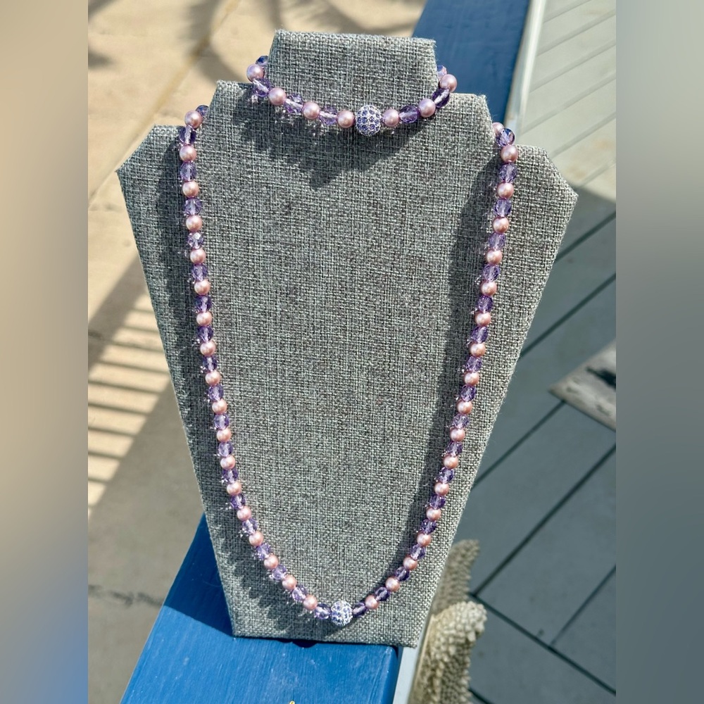 Joan Rivers SET Purple Crystal Necklace and Bracelet and Clip Earrings NWOT